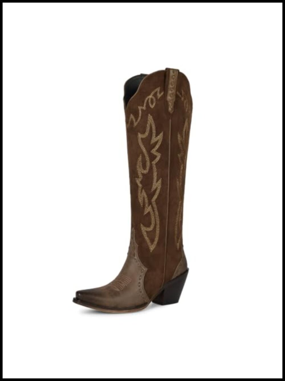 Women's Knee High Cowboy Boots Flame Embroidered Snip Toe Chunky Heel Faux